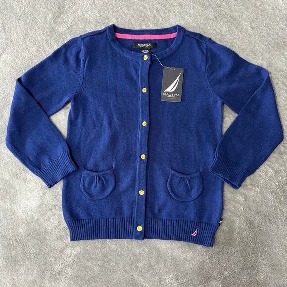 Nautica Little Girls’ Jersey Cardigan Sweater With Pockets, Navy Blue, M(5) - Picture 1 of 7